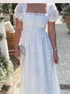 Caroline Constas White Organza Patchwork Puff Sleeve Smocked Maxi Dress Medium
